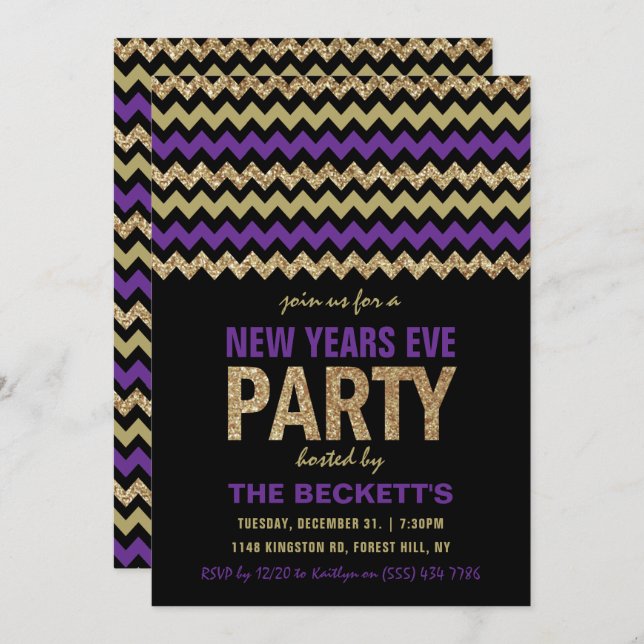 Purple & Gold Glitter Chevron New Years Party Invitation (Front/Back)