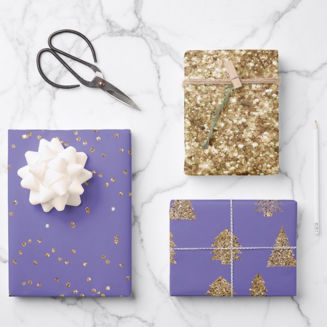 Purple Gold Glitter Christmas Trees Wrapping Paper Sheet (Front)