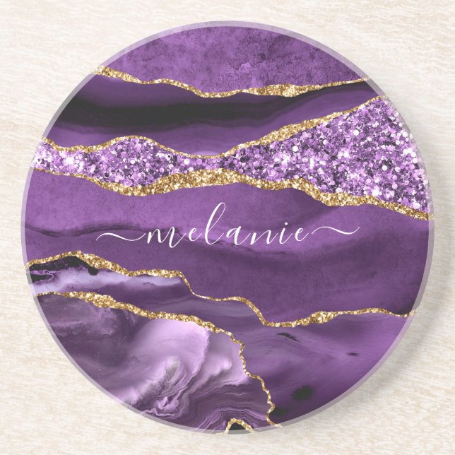 Purple Gold Glitter Coaster Personalised Name Gift (Front)