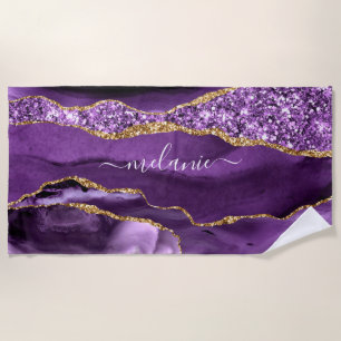 Purple Gold Glitter Custom Name Beach Towel