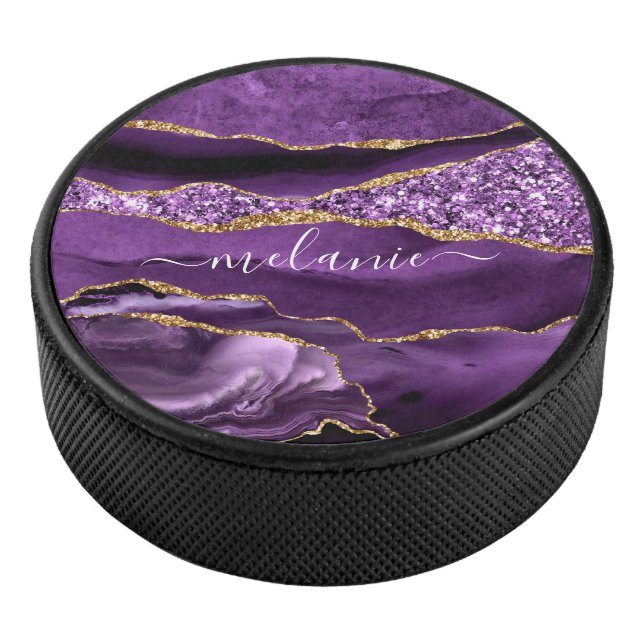 Purple Gold Glitter Custom Name Hockey Puck (3/4)