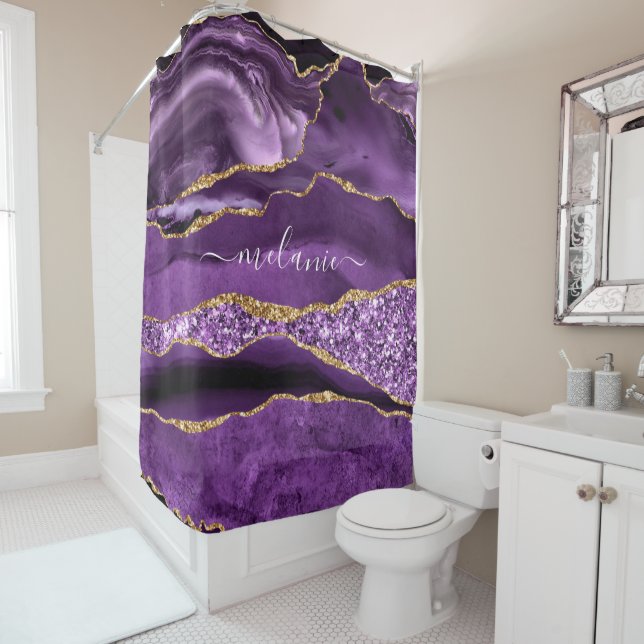 Purple Gold Glitter Custom Name Shower Curtain (In Situ)
