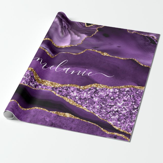Purple Gold Glitter Custom Name Wrapping Paper (Unrolled)