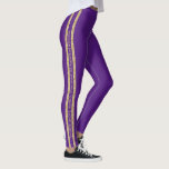 Purple Gold Glitter Custom Text Athletic Stripe Leggings<br><div class="desc">Purple personalised leggings with a double athletic stripe in gold glitter with custom text in the middle that can be different on each side. Perfect for displaying your favourite quote, verse, inspirational mantra, team name, mascot motto, or add your name on repeat down the side of each leg! Legging colour...</div>