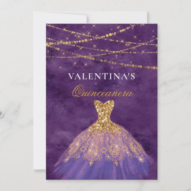 Purple Gold Glitter Dress Quinceanera Invitation (Front)