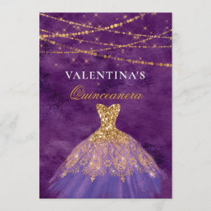 Purple Gold Glitter Dress Quinceanera Invitation