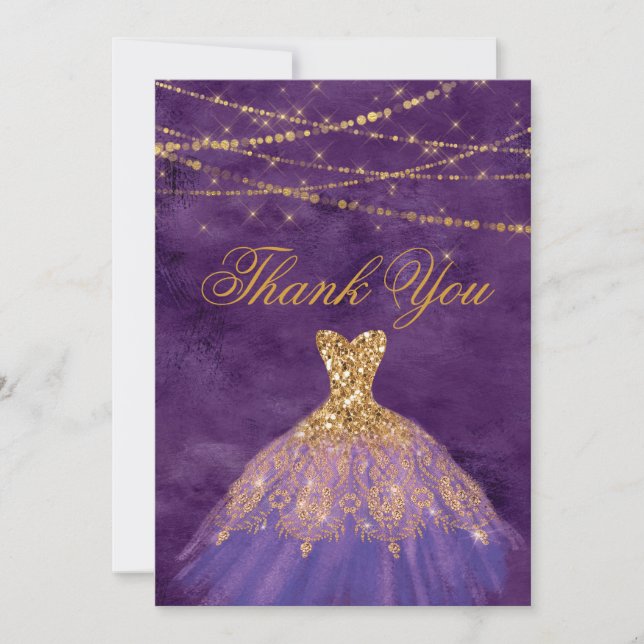 Purple/Gold Glitter Dress Sweet Sixteen Thank You  Card (Front)