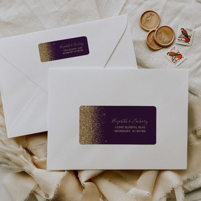 Purple Gold Glitter Edge Wedding Return Address Label (Creator Uploaded)