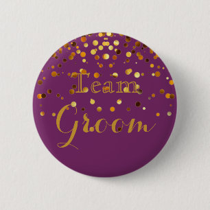 Purple Gold Glitter Faux Foil Wedding Team Groom 6 Cm Round Badge