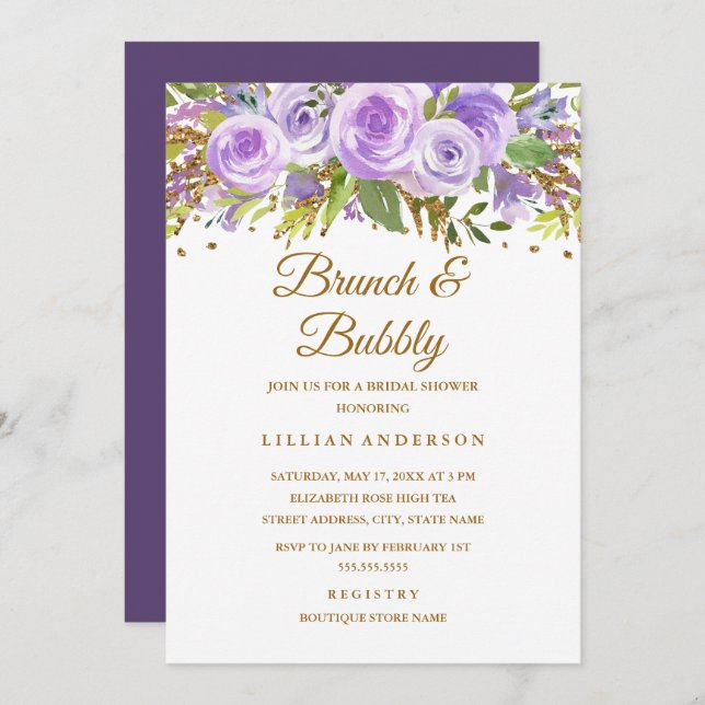 Purple Gold Glitter Floral Rose Brunch And Bubbly Invitation (Front/Back)