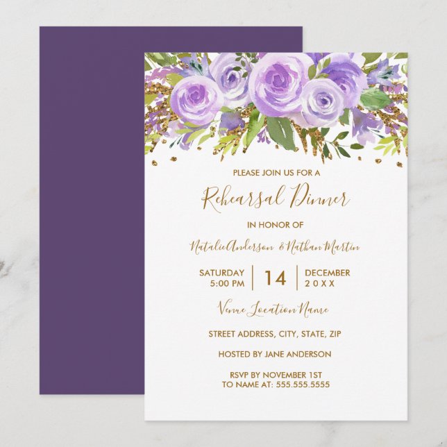 Purple Gold Glitter Floral Rose Rehearsal Dinner Invitation (Front/Back)