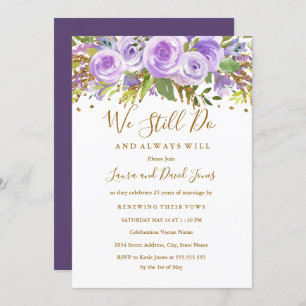 Purple Gold Glitter Floral Rose Vow Renewal Invitation
