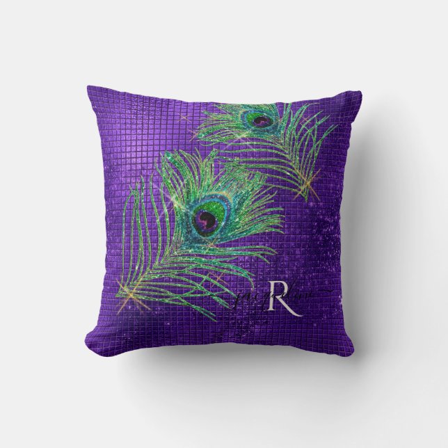Purple Gold Glitter Girly Modern Peacock Feathers Cushion (Front)