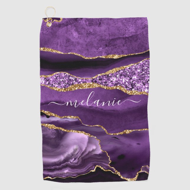 Purple Gold Glitter Golf Towel with Custom Name (Front)
