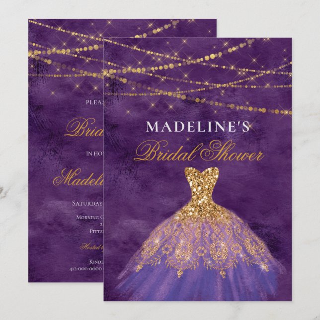 Purple/Gold Glitter Gown  Bridal Shower Invitation (Front/Back)