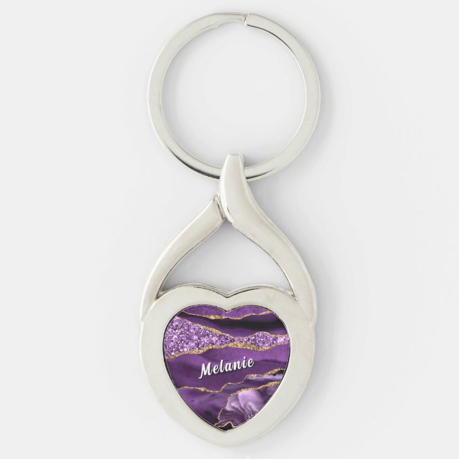 Purple Gold Glitter Keychain Gift Personalize Name (Front)