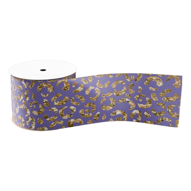 Purple Gold Glitter Leopard Print Grosgrain Ribbon (Spool)
