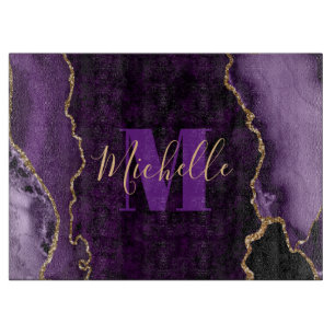 Purple & Gold Glitter Marble Agate Monogram Cutting Board