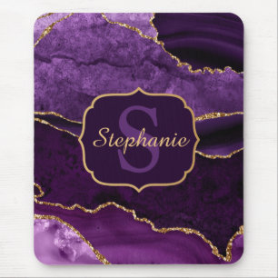 Purple & Gold Glitter Marble Agate Monogram Mouse Pad