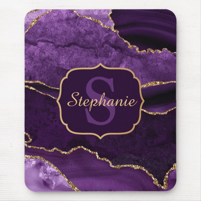 Purple & Gold Glitter Marble Agate Monogram Mouse Pad (Front)