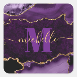 Purple & Gold Glitter Marble Agate Monogram Square Sticker