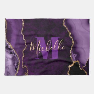Purple & Gold Glitter Marble Agate Monogram Tea Towel