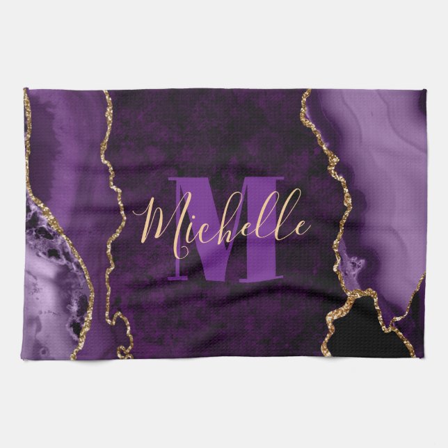 Purple & Gold Glitter Marble Agate Monogram Tea Towel (Horizontal)