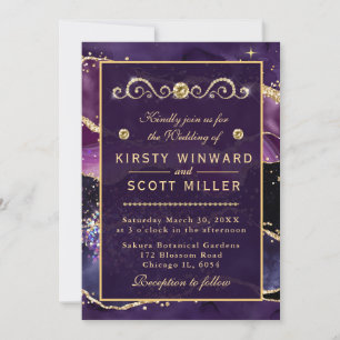 Purple & Gold Glitter Marble Agate Wedding Invitation