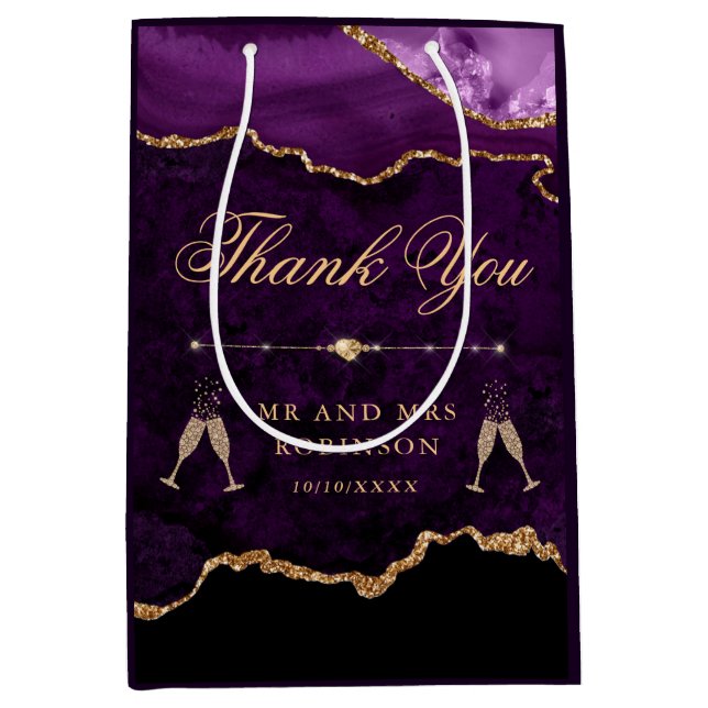 Purple & Gold Glitter Marble Agate Wedding Medium Gift Bag (Front)