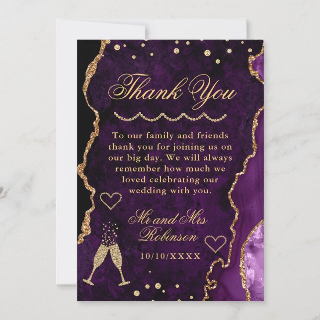 Purple & Gold Glitter Marble Agate Wedding  Thank You Card (Front)