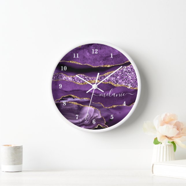 Purple Gold Glitter Marble Clock with Custom Name (Home)