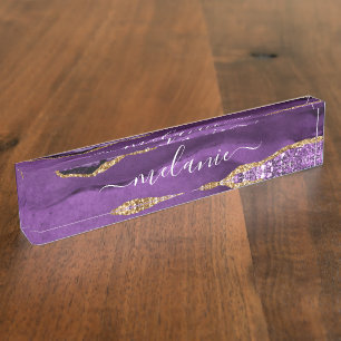 Purple Gold Glitter Marble Custom Desk Name Plate