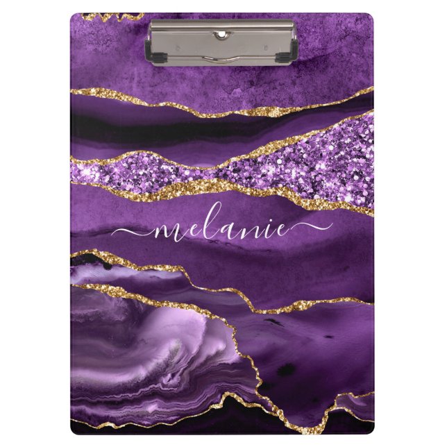 Purple Gold Glitter Marble Custom Name Clipboard (Front)