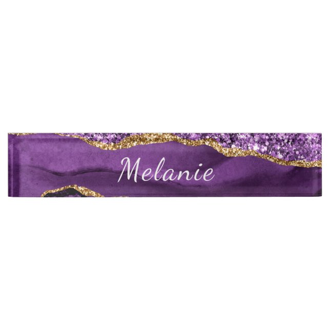 Purple Gold Glitter Marble Custom Name Desk Sign (Front)