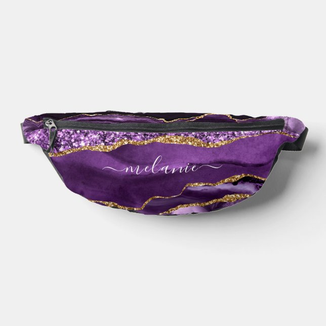 Purple Gold Glitter Marble Custom Name Fanny Pack (Lay Down)