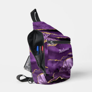 Purple Gold Glitter Marble Custom Your Name Sling Bag