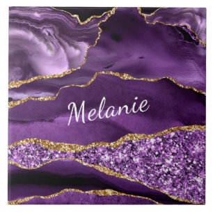 Purple Gold Glitter Marble Custom Your Name Tile
