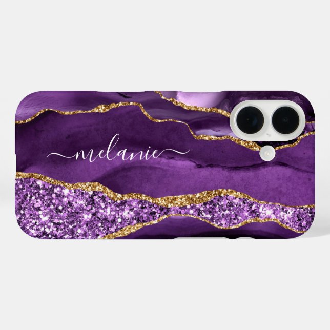 Purple Gold Glitter Marble iPhone Case Custom Name (Back (Horizontal))