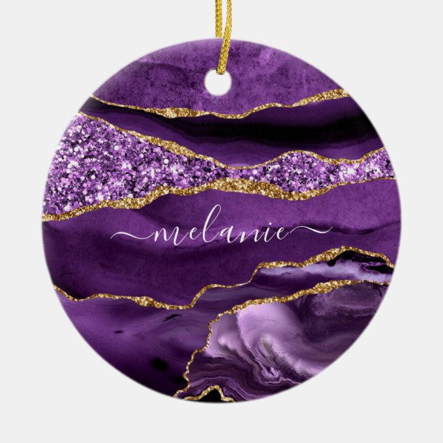 Purple Gold Glitter Marble Ornament Custom Name (Front)