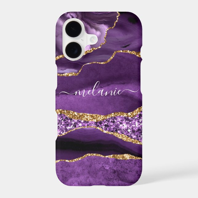 Purple Gold Glitter Marble Your Name iPhone Case (Back)