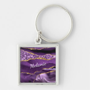 Purple Gold Glitter Marble Your Name Keychain Gift
