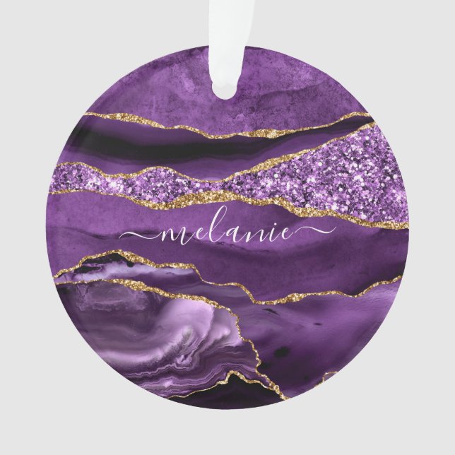 Purple Gold Glitter Marble Your Name Ornament (Front)