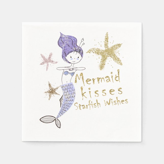 Purple & Gold Glitter Mermaid Birthday Party Napkin (Front)