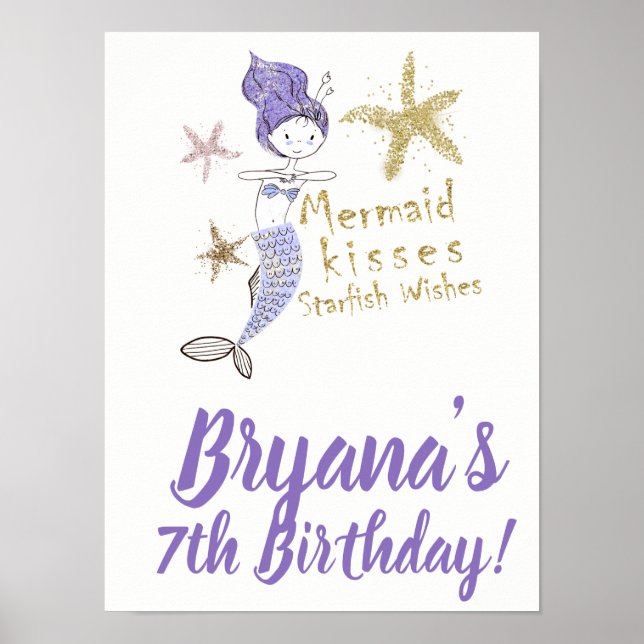 Purple Gold Glitter Mermaid Birthday Party Welcome Poster (Front)