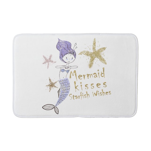 Purple Gold Glitter Mermaid Wishes Starfish Kisses Bath Mat (Front)