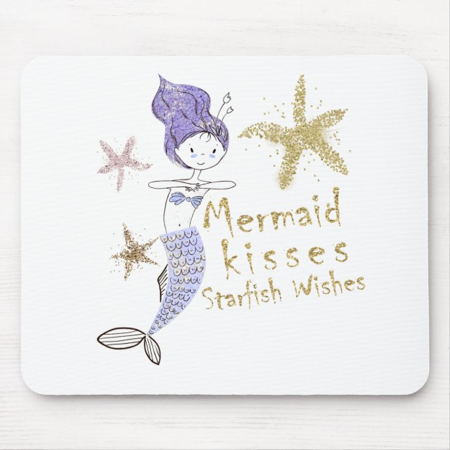 Purple Gold Glitter Mermaid Wishes Starfish Kisses Mouse Pad (Front)