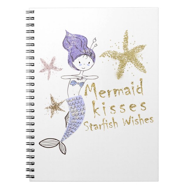 Purple Gold Glitter Mermaid Wishes Starfish Kisses Notebook (Front)