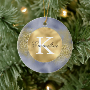 Purple Gold Glitter Monogram Ceramic Ornament