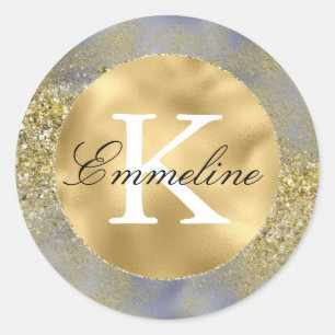 Purple Gold Glitter Monogram    Classic Round Sticker