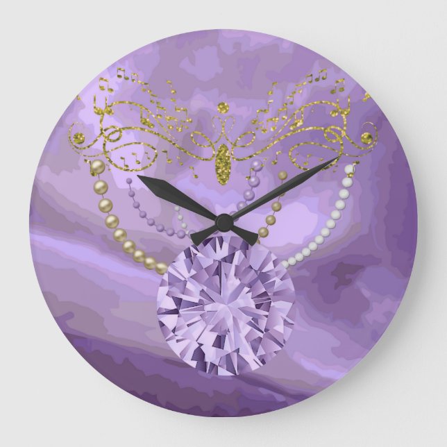 Purple Gold Glitter Music &Jewels Round Wall Clock (Front)